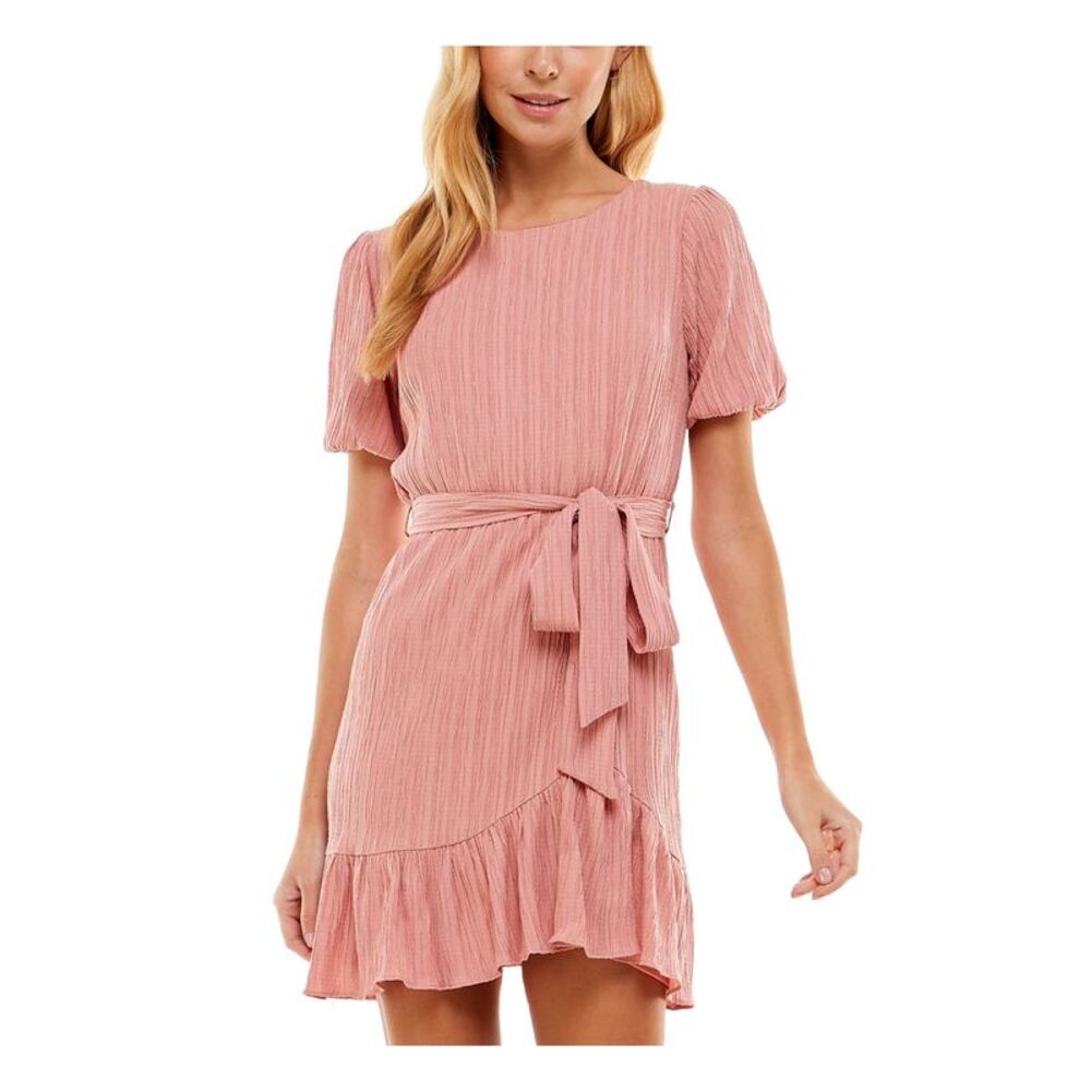 CITY STUDIO Womens Short Dress Pink Short Sleeve Back Belted Juniors S